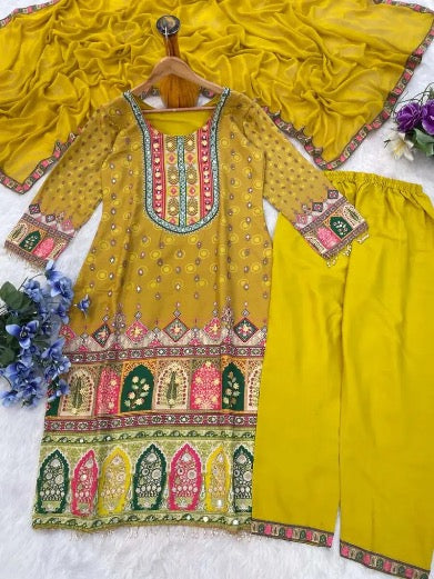 RICH LOOK MUSLIN COTTON DIGITAL PRINT WITH REAL MIRROR HANDWORK TOP BOTTOM WITH DUPATTA YELLOW