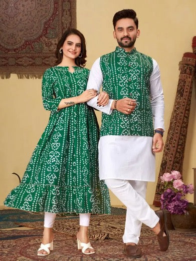 ATTRACTIVE COTTON BANDHANI PRINT WORK COUPLE COMBO GREEN SIZE XL SET