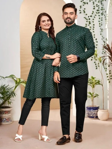 ATTRACTIVE COTTON JACQUARD WORK MEN’S SHIRT WITH WOMEN’S KURTI COUPLE COMBO GREEN SIZE XL SET