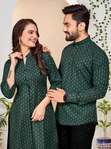 ATTRACTIVE COTTON JACQUARD WORK MEN’S SHIRT WITH WOMEN’S KURTI COUPLE COMBO GREEN SIZE XL SET