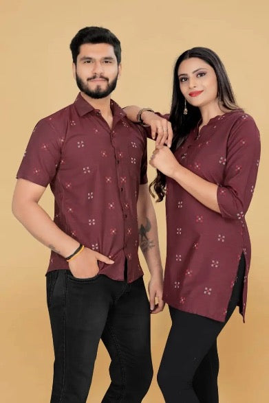FANCY LINEN COLORFUL THREAD WEAVING WORK TUNIC TOP AND SHORT KURTA COUPLE COMBO MAROON IN SIZE XL SET