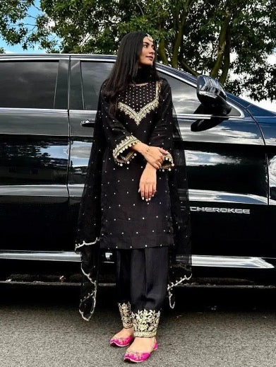 MOST PICKED GEORGETTE EMBROIDERY SEQUENCE ZARI WORK TOP PALAZZO WITH DUPATTA BLACK
