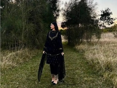 MOST PICKED GEORGETTE EMBROIDERY SEQUENCE ZARI WORK TOP PALAZZO WITH DUPATTA BLACK