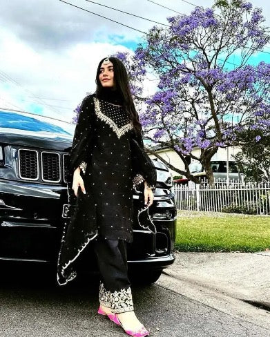 MOST PICKED GEORGETTE EMBROIDERY SEQUENCE ZARI WORK TOP PALAZZO WITH DUPATTA BLACK