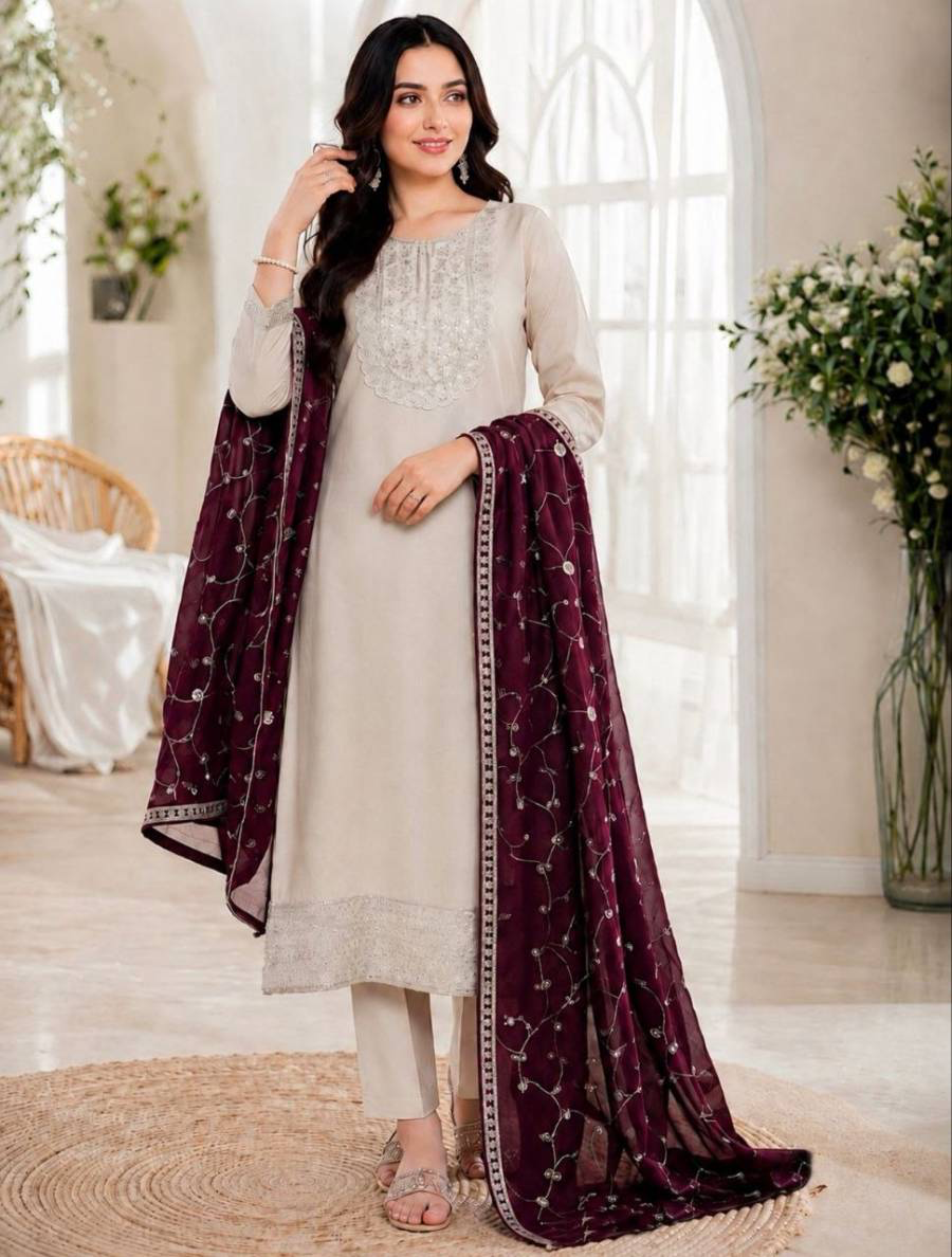 MODERN ROMAN SILK EMBROIDERY WORK TOP BOTTOM WITH DUPATTA WINE AND CREAM