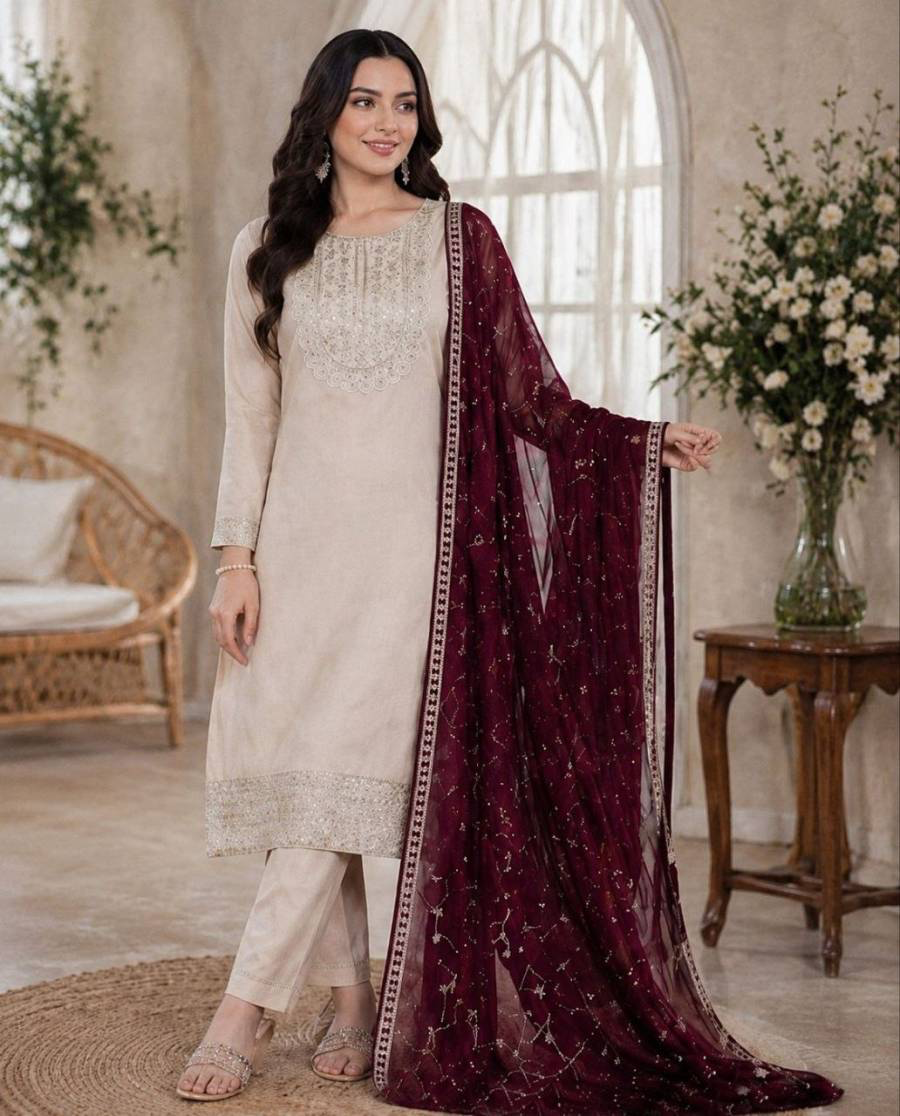 MODERN ROMAN SILK EMBROIDERY WORK TOP BOTTOM WITH DUPATTA WINE AND CREAM