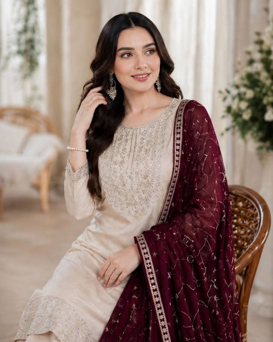 MODERN ROMAN SILK EMBROIDERY WORK TOP BOTTOM WITH DUPATTA WINE AND CREAM