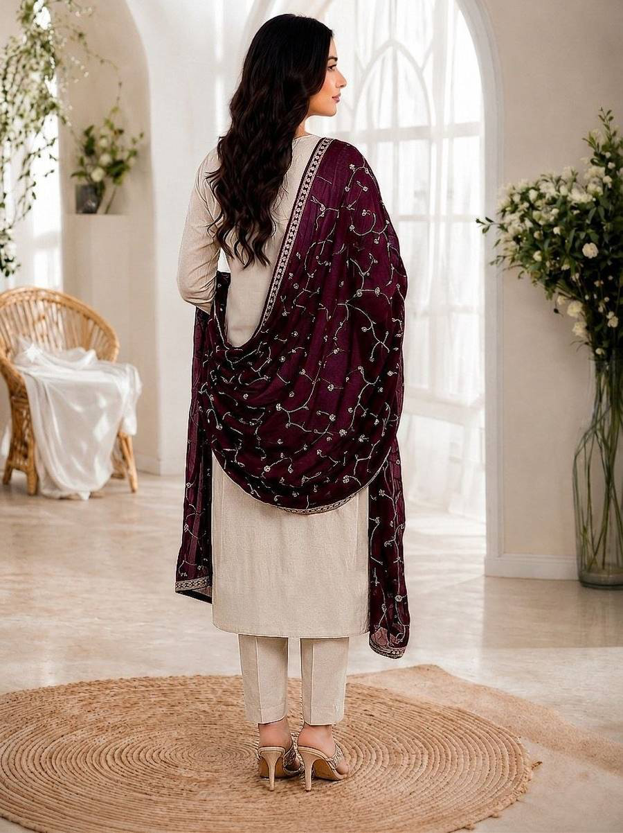 MODERN ROMAN SILK EMBROIDERY WORK TOP BOTTOM WITH DUPATTA WINE AND CREAM