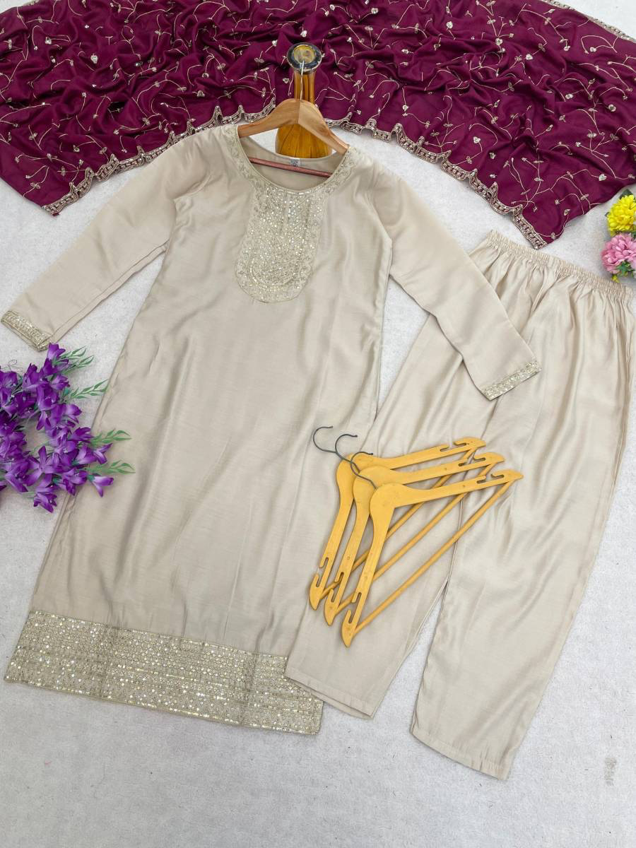 MODERN ROMAN SILK EMBROIDERY WORK TOP BOTTOM WITH DUPATTA WINE AND CREAM