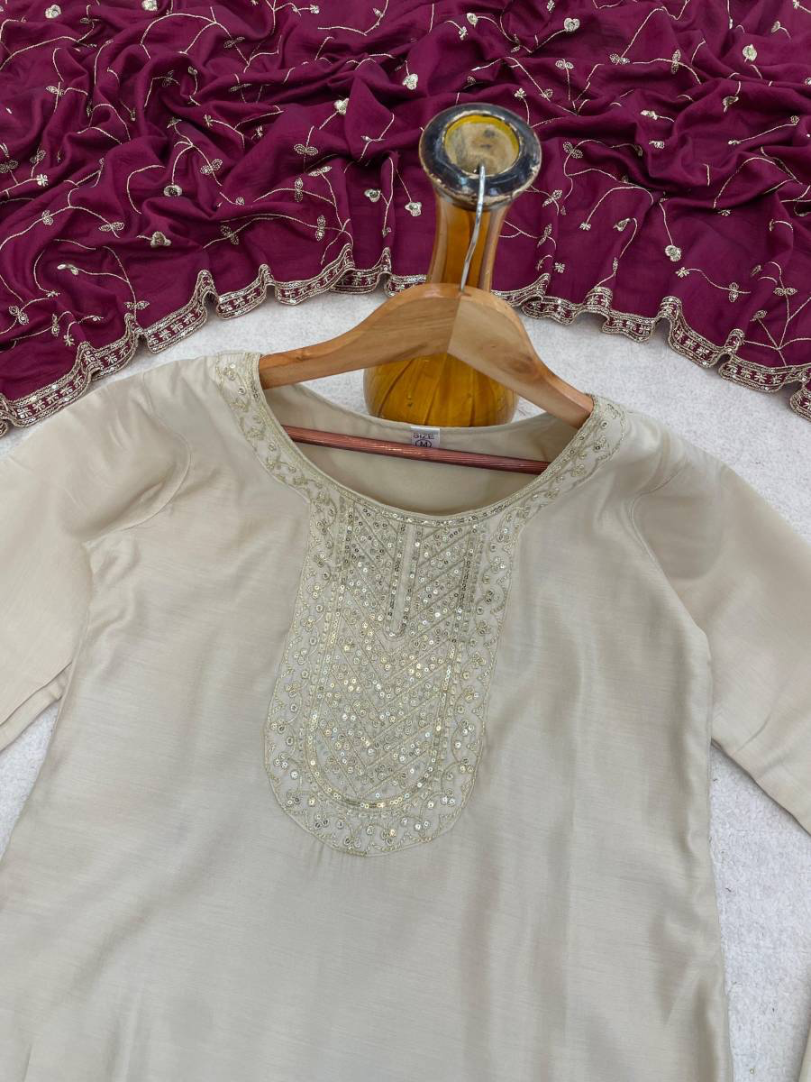 MODERN ROMAN SILK EMBROIDERY WORK TOP BOTTOM WITH DUPATTA WINE AND CREAM
