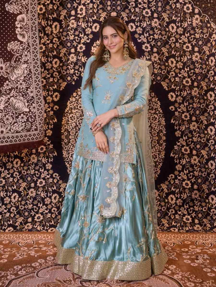 RICH LOOK JAPAN SATIN THRED WITH 5 MM SEQUNCE WORK TOP LEHENGA WITH DUPATTA SKY