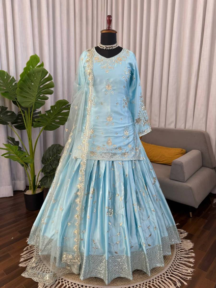 RICH LOOK JAPAN SATIN THRED WITH 5 MM SEQUNCE WORK TOP LEHENGA WITH DUPATTA SKY
