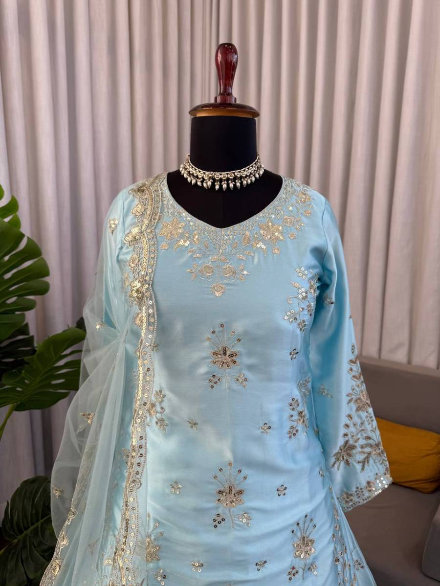 RICH LOOK JAPAN SATIN THRED WITH 5 MM SEQUNCE WORK TOP LEHENGA WITH DUPATTA SKY