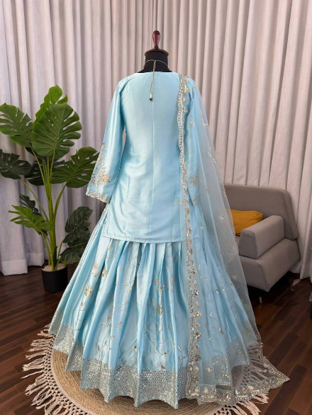 RICH LOOK JAPAN SATIN THRED WITH 5 MM SEQUNCE WORK TOP LEHENGA WITH DUPATTA SKY
