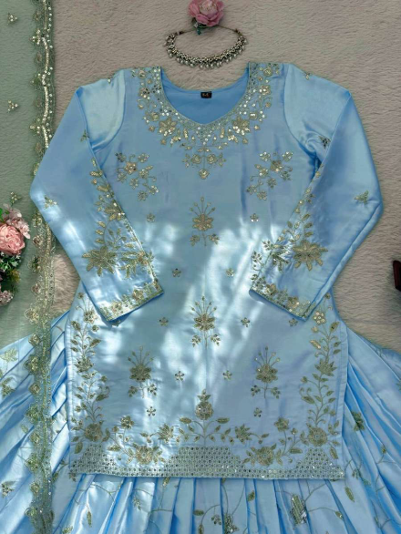 RICH LOOK JAPAN SATIN THRED WITH 5 MM SEQUNCE WORK TOP LEHENGA WITH DUPATTA SKY