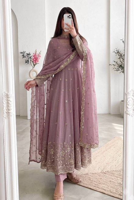 MODERN CRUNCHY SILK EMBROIDERY SEQUENCE WORK GOWN BOTTOM WITH DUPATTA BABY PINK