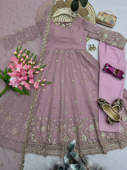 MODERN CRUNCHY SILK EMBROIDERY SEQUENCE WORK GOWN BOTTOM WITH DUPATTA BABY PINK