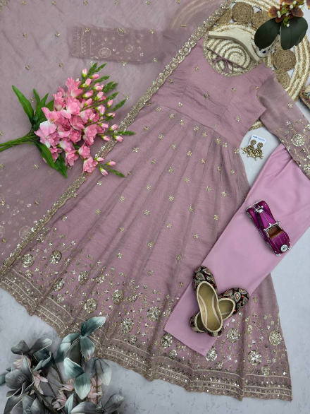 MODERN CRUNCHY SILK EMBROIDERY SEQUENCE WORK GOWN BOTTOM WITH DUPATTA BABY PINK