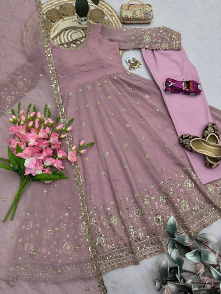 MODERN CRUNCHY SILK EMBROIDERY SEQUENCE WORK GOWN BOTTOM WITH DUPATTA BABY PINK