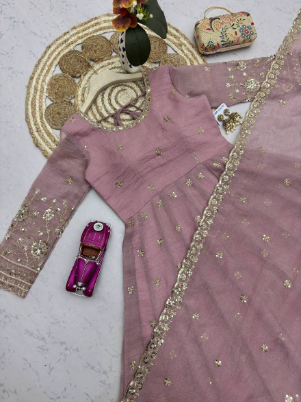 MODERN CRUNCHY SILK EMBROIDERY SEQUENCE WORK GOWN BOTTOM WITH DUPATTA BABY PINK