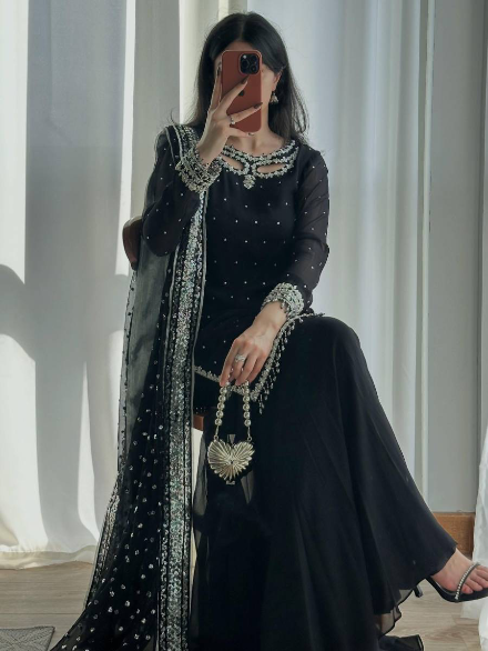 ATTRACTIVE FAUX GEORGETTE EMBROIDERY SEQUENCE WORK TOP SHARARA WITH DUPATTA BLACK