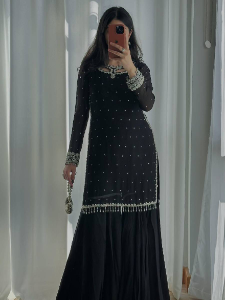 ATTRACTIVE FAUX GEORGETTE EMBROIDERY SEQUENCE WORK TOP SHARARA WITH DUPATTA BLACK