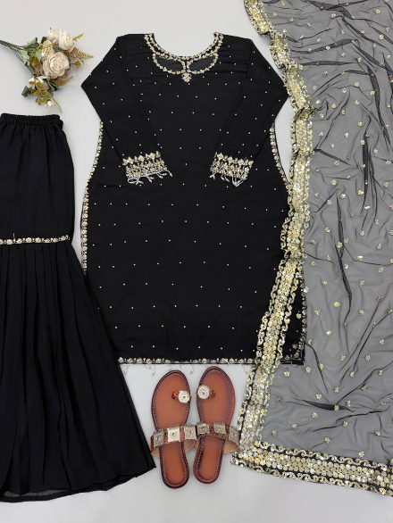 ATTRACTIVE FAUX GEORGETTE EMBROIDERY SEQUENCE WORK TOP SHARARA WITH DUPATTA BLACK