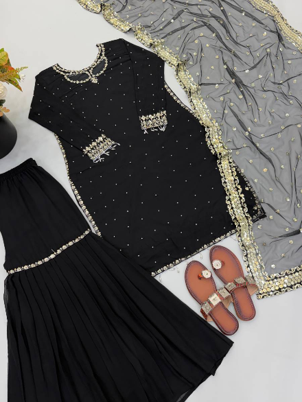 ATTRACTIVE FAUX GEORGETTE EMBROIDERY SEQUENCE WORK TOP SHARARA WITH DUPATTA BLACK