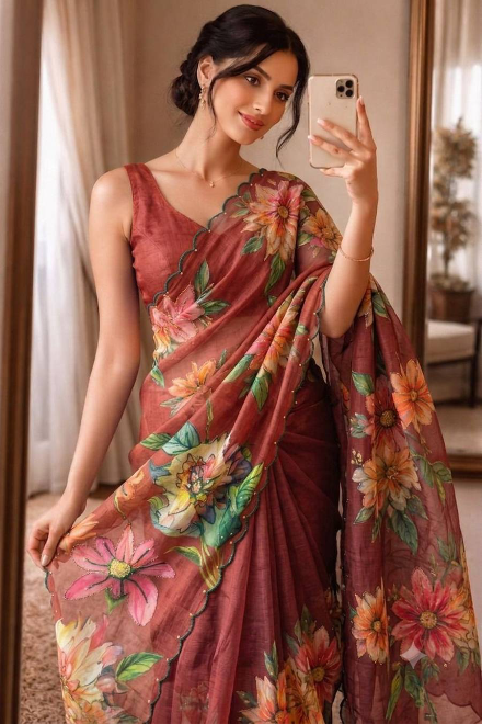 FANCY LINEN SILK DIGITAL PRINT AND KHATLI WORK SAREE WITH UNSTITCHED BLOUSE DUSTY ROSE