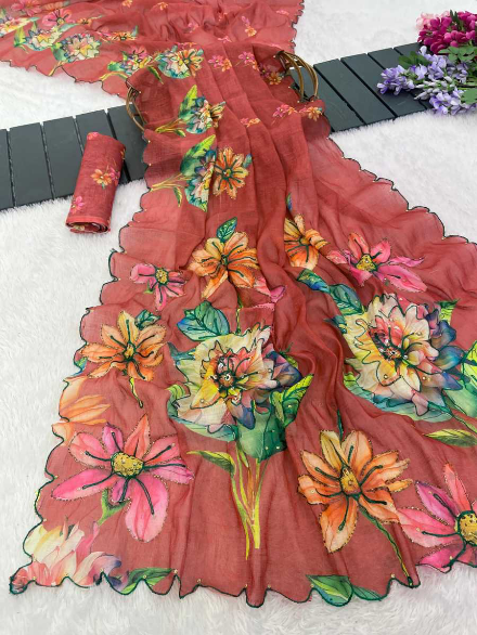 FANCY LINEN SILK DIGITAL PRINT AND KHATLI WORK SAREE WITH UNSTITCHED BLOUSE DUSTY ROSE