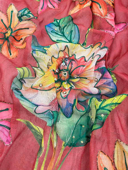 FANCY LINEN SILK DIGITAL PRINT AND KHATLI WORK SAREE WITH UNSTITCHED BLOUSE DUSTY ROSE