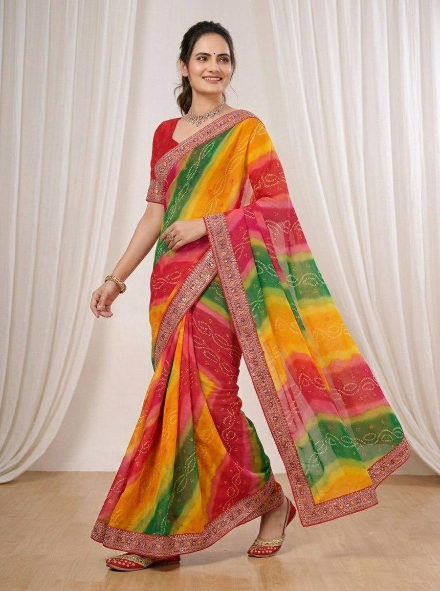 MODERN GEORGETTE DIGITAL PRINT WITH EMBROIDERY WORK BORDER SAREE WITH UNSTITCHED BLOUSE RED AND YELLOW