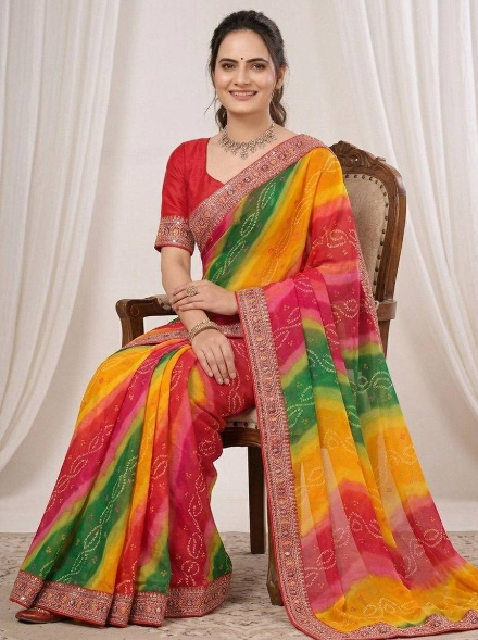 MODERN GEORGETTE DIGITAL PRINT WITH EMBROIDERY WORK BORDER SAREE WITH UNSTITCHED BLOUSE RED AND YELLOW