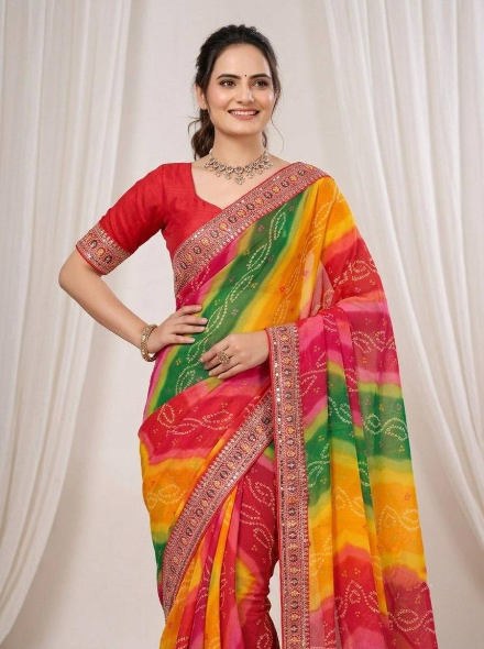 MODERN GEORGETTE DIGITAL PRINT WITH EMBROIDERY WORK BORDER SAREE WITH UNSTITCHED BLOUSE RED AND YELLOW