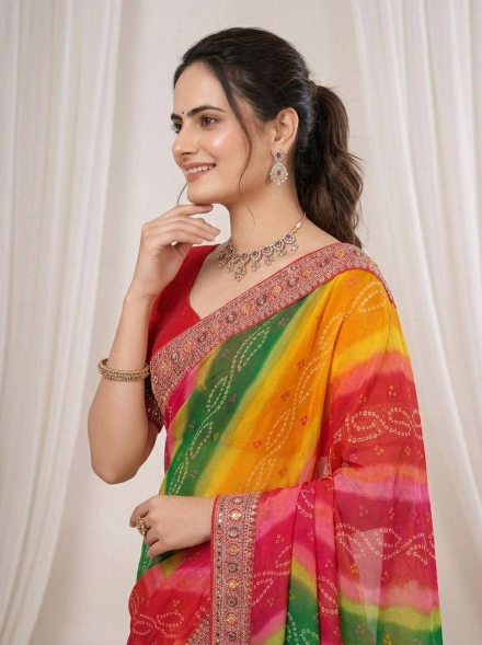 MODERN GEORGETTE DIGITAL PRINT WITH EMBROIDERY WORK BORDER SAREE WITH UNSTITCHED BLOUSE RED AND YELLOW