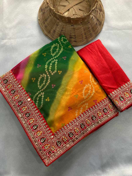 MODERN GEORGETTE DIGITAL PRINT WITH EMBROIDERY WORK BORDER SAREE WITH UNSTITCHED BLOUSE RED AND YELLOW