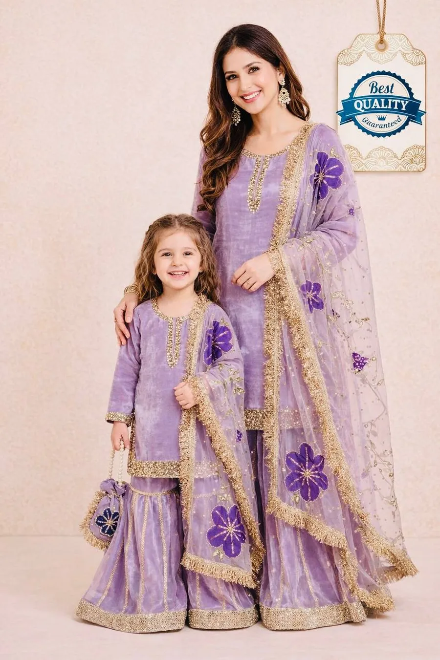 MODERN GMY SILK EMBROIDERY SEQUENCE WORK MOTHER DAUGHTER SET LAVENDER