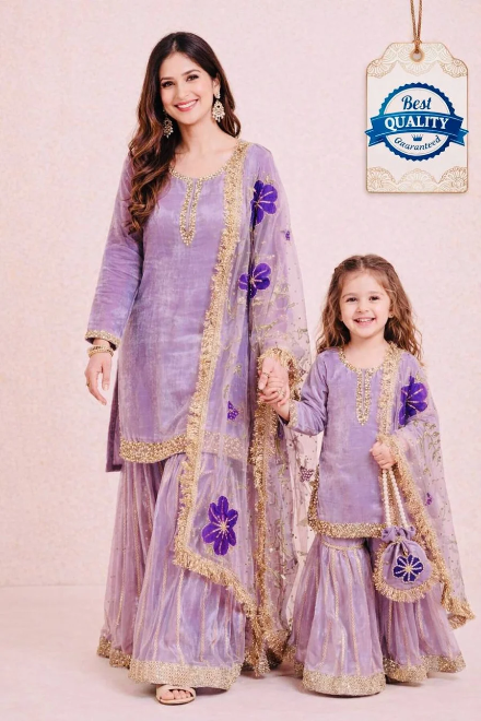 MODERN GMY SILK EMBROIDERY SEQUENCE WORK MOTHER DAUGHTER SET LAVENDER