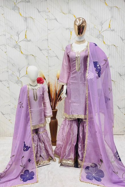 MODERN GMY SILK EMBROIDERY SEQUENCE WORK MOTHER DAUGHTER SET LAVENDER