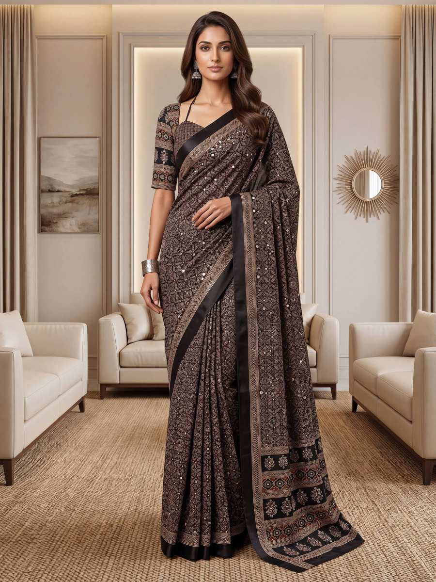 Indian DESIGNER GEORGETTE PRINT WITH BLACK SEQUENCE WORK LACE BORDER SAREE unstitched