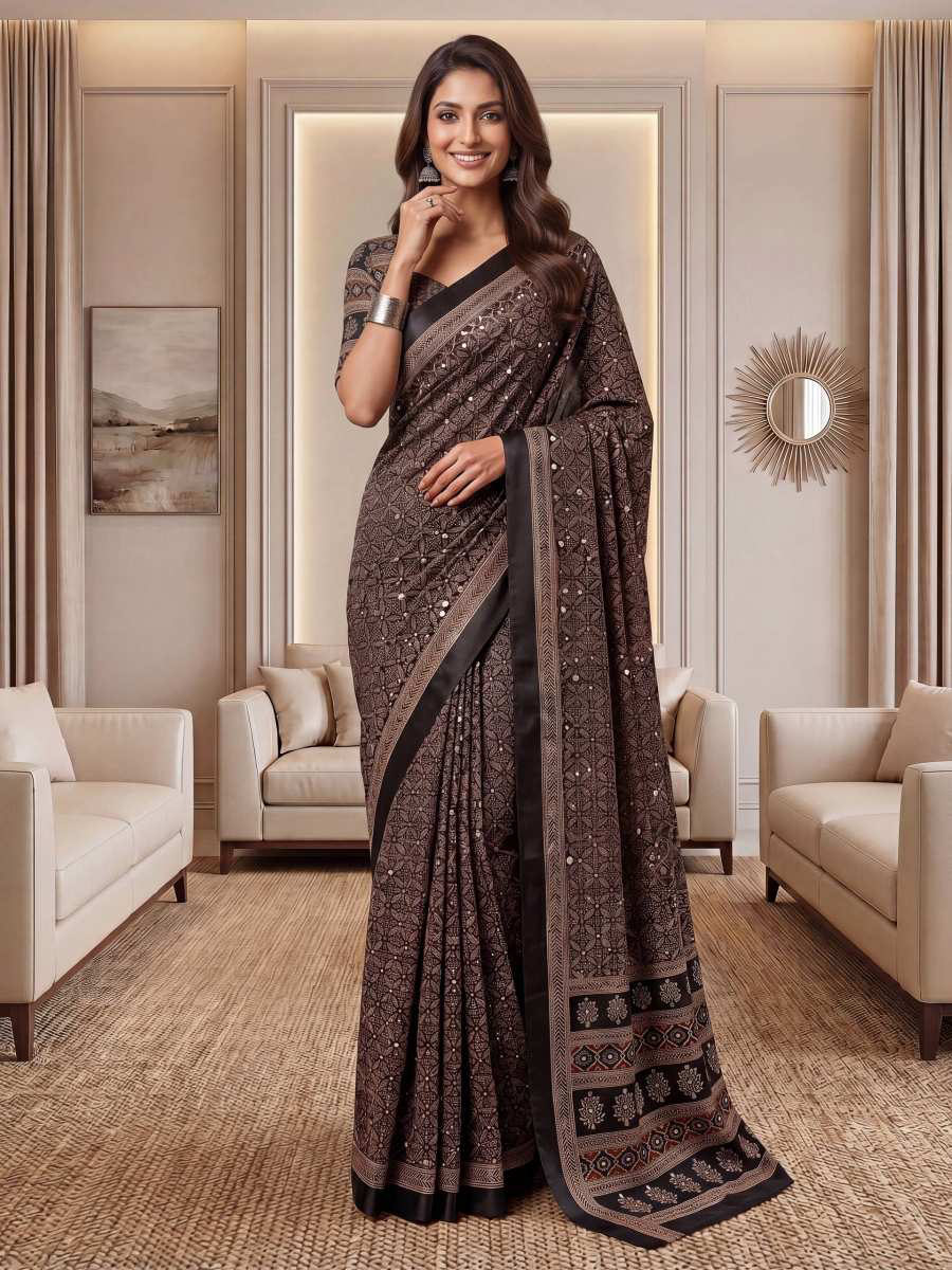 Indian DESIGNER GEORGETTE PRINT WITH BLACK SEQUENCE WORK LACE BORDER SAREE unstitched
