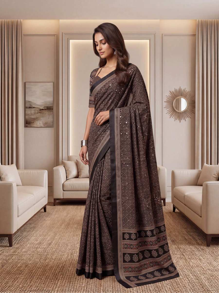 Indian DESIGNER GEORGETTE PRINT WITH BLACK SEQUENCE WORK LACE BORDER SAREE unstitched