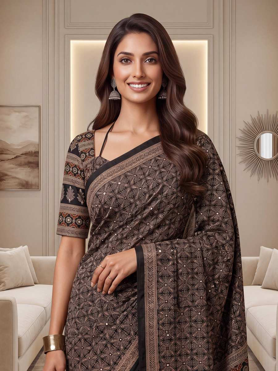 Indian DESIGNER GEORGETTE PRINT WITH BLACK SEQUENCE WORK LACE BORDER SAREE unstitched