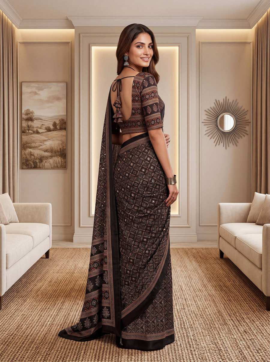 Indian DESIGNER GEORGETTE PRINT WITH BLACK SEQUENCE WORK LACE BORDER SAREE unstitched