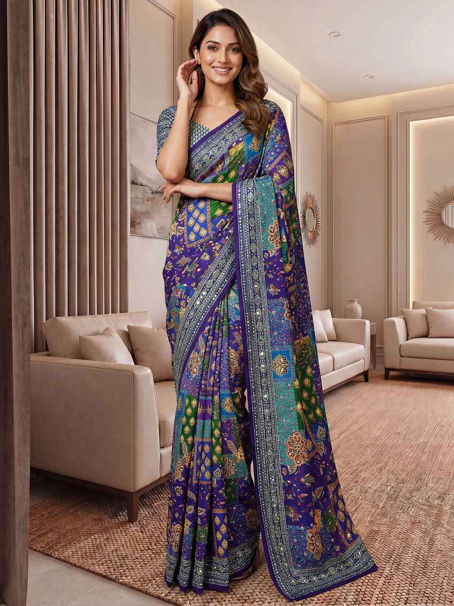 Indian DESIGNER GEORGETTE PRINT WITH BLACK SEQUENCE WORK LACE BORDER SAREE unstitched