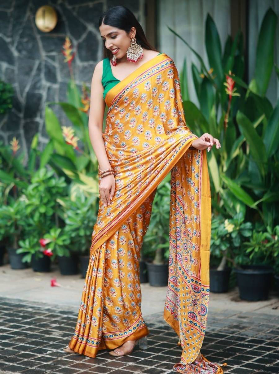 FANCY CREPE SILK AJRAKH PRINT WITH REAL MIRROR WORK SAREE WITH UNSTITCHED BLOUSE