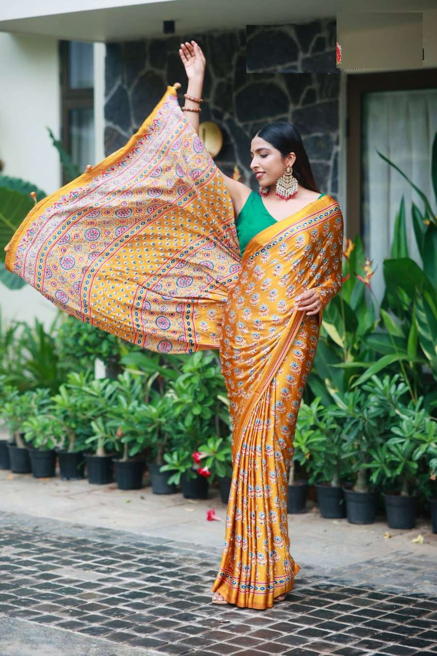 FANCY CREPE SILK AJRAKH PRINT WITH REAL MIRROR WORK SAREE WITH UNSTITCHED BLOUSE