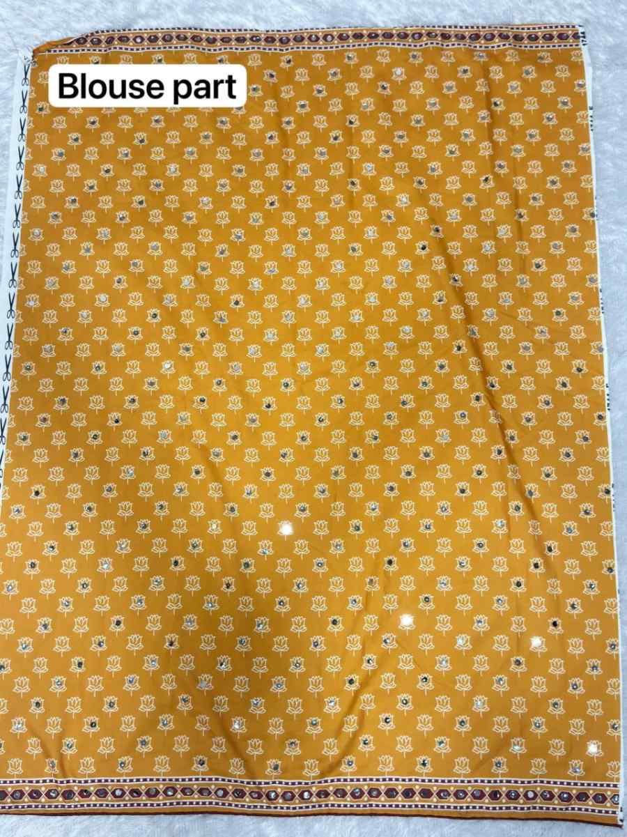 FANCY CREPE SILK AJRAKH PRINT WITH REAL MIRROR WORK SAREE WITH UNSTITCHED BLOUSE