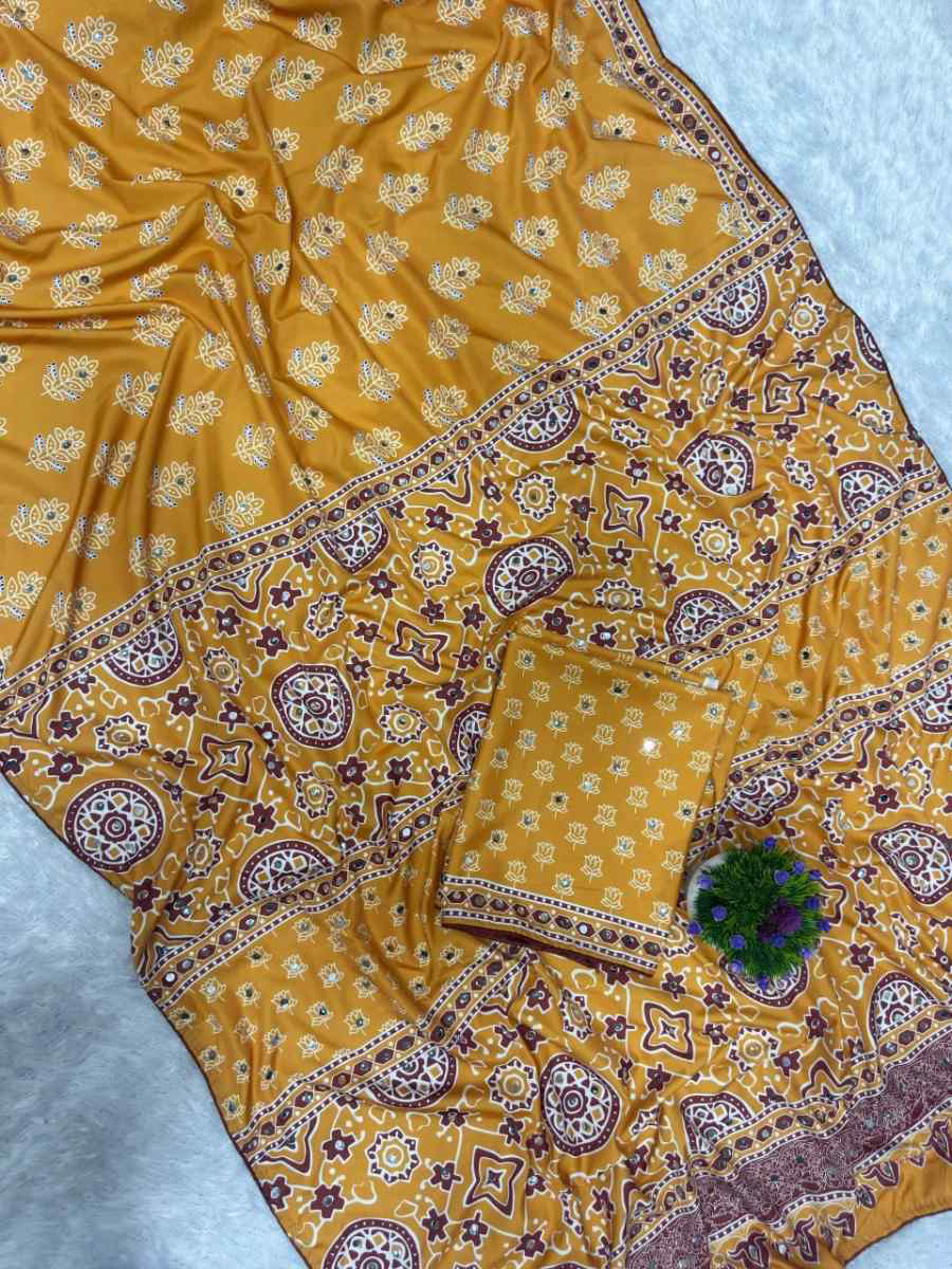 FANCY CREPE SILK AJRAKH PRINT WITH REAL MIRROR WORK SAREE WITH UNSTITCHED BLOUSE