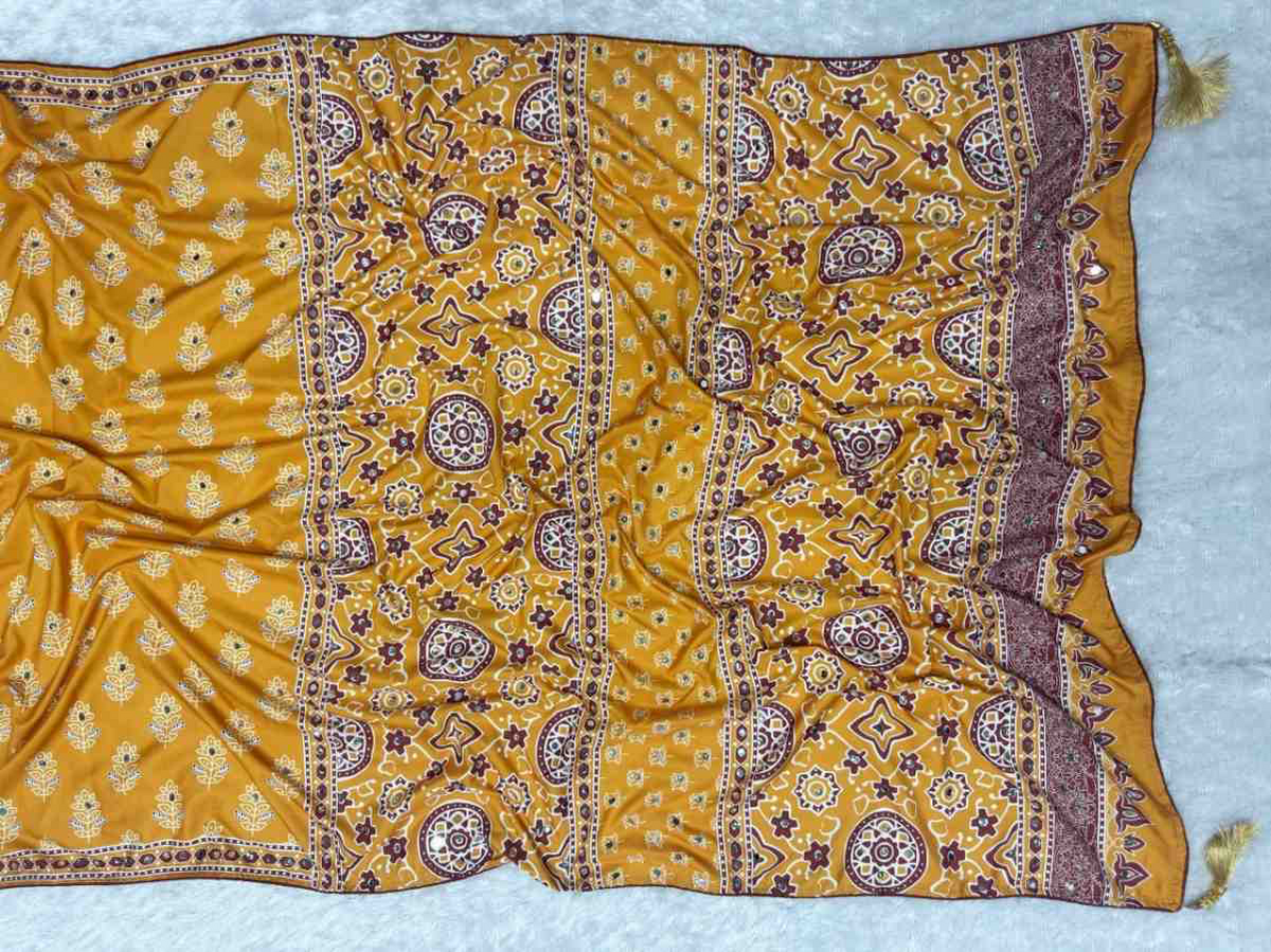 FANCY CREPE SILK AJRAKH PRINT WITH REAL MIRROR WORK SAREE WITH UNSTITCHED BLOUSE